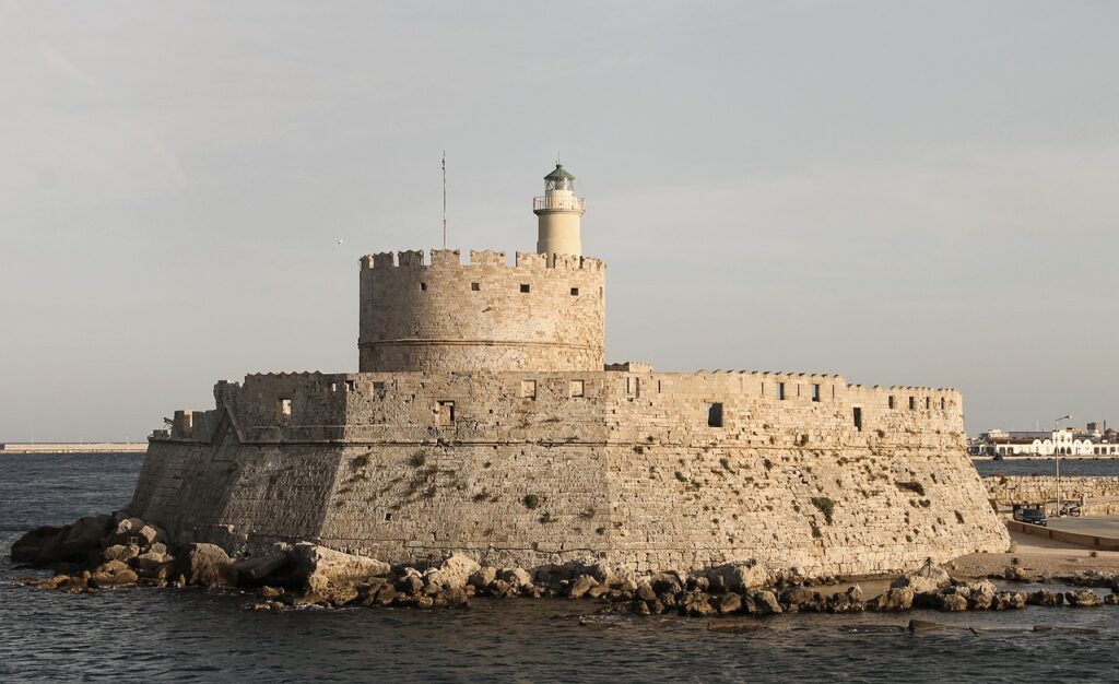 Agios Nikolaos Castle and Lighthouse, a historic fortress overlooking the Aegean Sea on Rhodes Island.